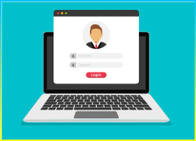 랩탑 화면에서 로그인 양식. 로그인 및 암호 양식 페이지 계정 로그인 사용자. 계정에 로그인. 인증을 위한 사용자 이름 및 암호 필드 평면 디자인. 벡터 일러스트레이션.