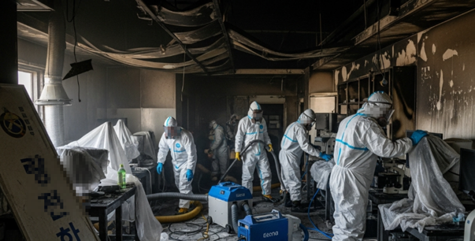 화재 직후, 내부가 심하게 그을리고 잔해가 널린 현장 사진