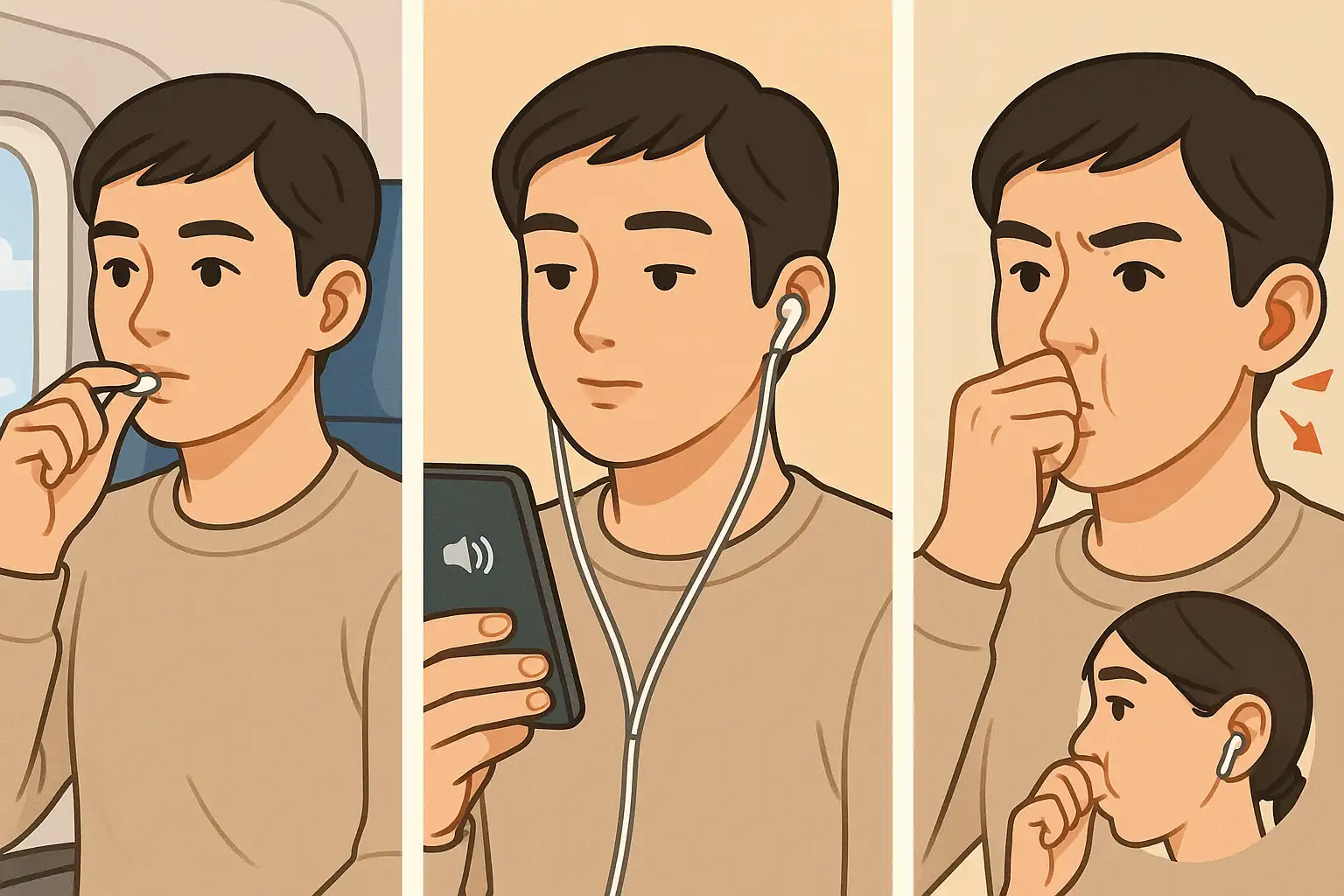 비행기에서 껌을 씹는 사람, 귀를 보호하기 위해 볼륨을 낮춘 이어폰 사용, 코막고 숨을 불어 이관을 열어주는 발살바법을 하는 모습
