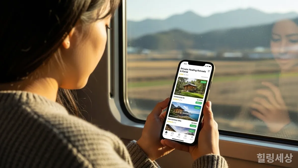 스마트폰 여행 앱으로 국내 프라이빗 힐링 숙소를 검색하는 모습