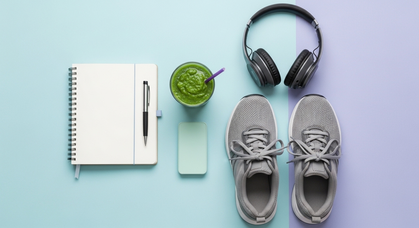 건강한 생활 습관을 나타내는 물건들(일기장, 운동화, 스무디, 헤드폰)이 정돈된 이미지.