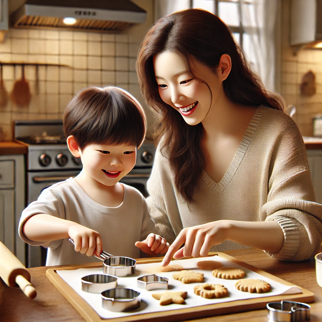 부모와 자녀가 주방에서 함께 쿠키를 굽는 모습. 부모가 아이에게 쿠키 커터 사용법을 지도하며 자신감을 심어주는 활기찬 분위기