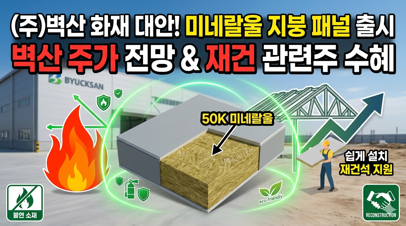 (주)벽산이 출시한 화재 안전 대안, '샌드위치 패널 지붕용 50K 미네랄울' 제품 이미지와 화재 확산 방지 효과를 시각화한 그래픽