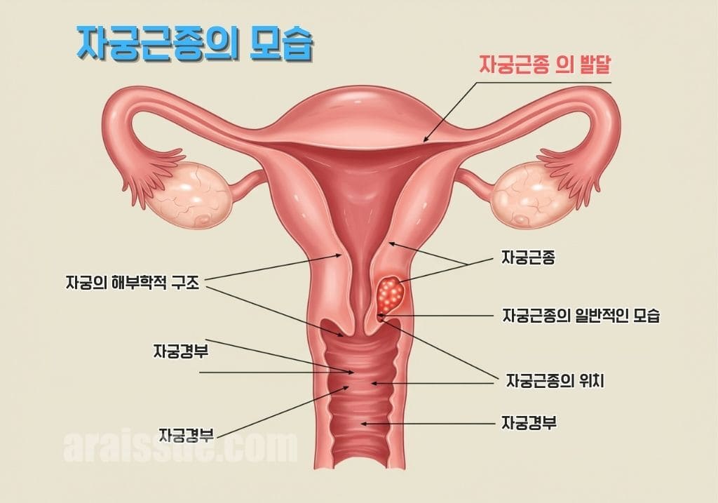 자궁근종이 있는 자궁의 자세한 의료 일러스트, 자궁근종의 위치와 크기가 표시되어 있으며, 교육적이고 이해하기 쉬운 디자인으로 제공됩니다.
