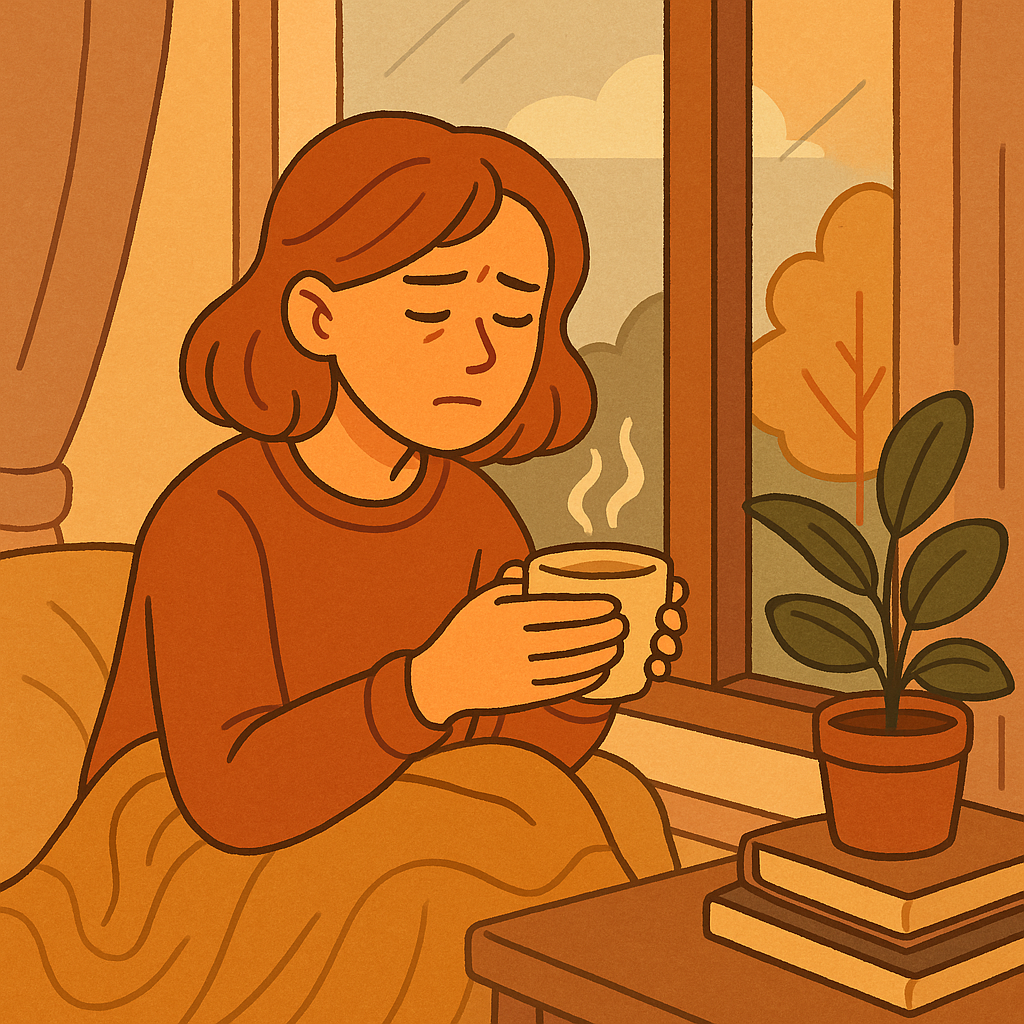“조용한 방 안에서 창가에 앉아 차를 마시며 생각에 잠긴 여성이 따뜻한 조명을 배경으로 있는 일러스트. 겉으로 보이지 않아도 묵묵히 하루를 견디는 이의 내면을 은유적으로 표현한 감성적인 장면.”