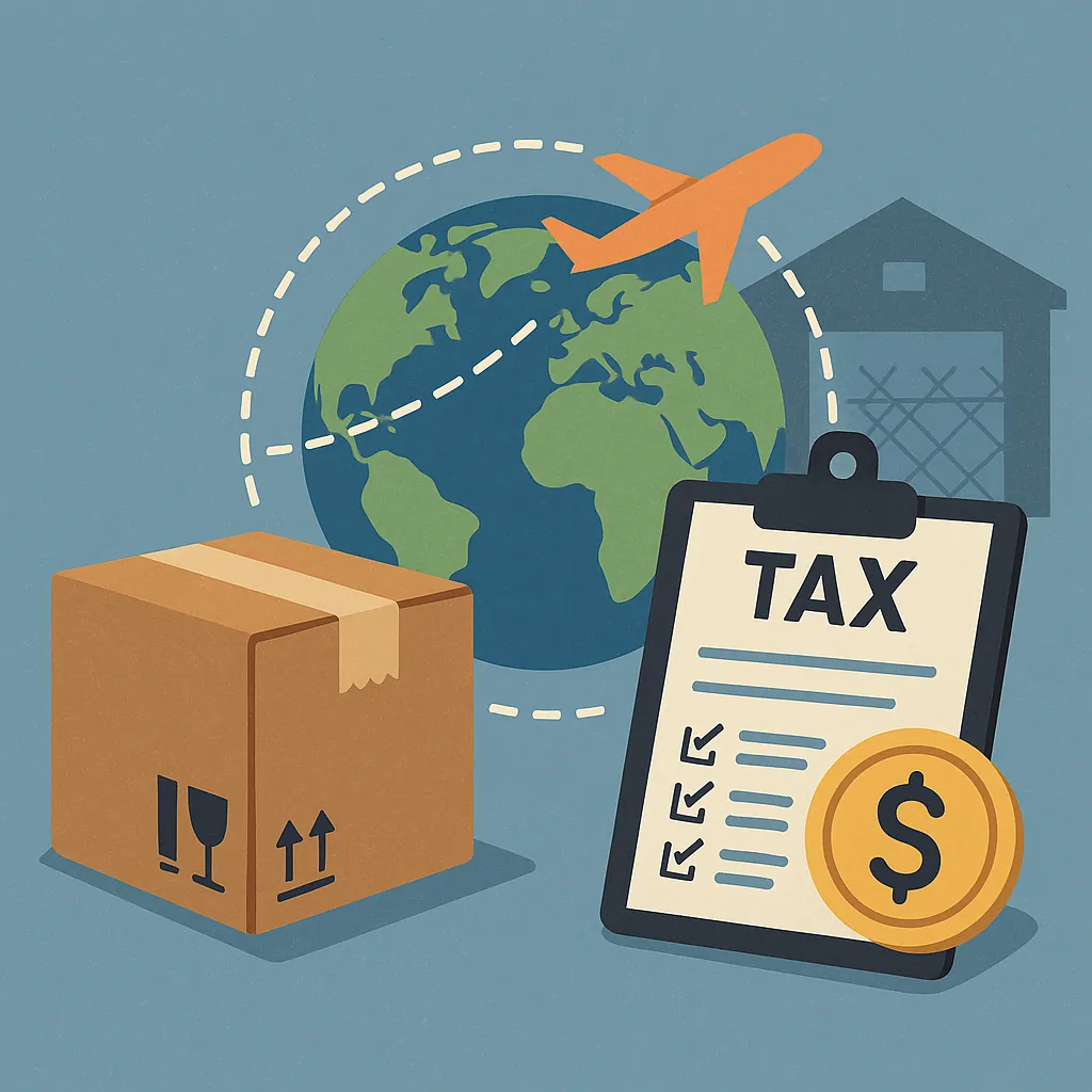 해외직구-시-관세가-붙는-상황을-표현한-일러스트-왼쪽에는-해외배송-상자가-배치되고-중앙에는-지구본과-비행기가-그려져-국제배송을-강조하며-오른쪽에는-관세-문서와-세금-아이콘이-함께-배치되어-세금-부과-시점을-상징적으로-표현
