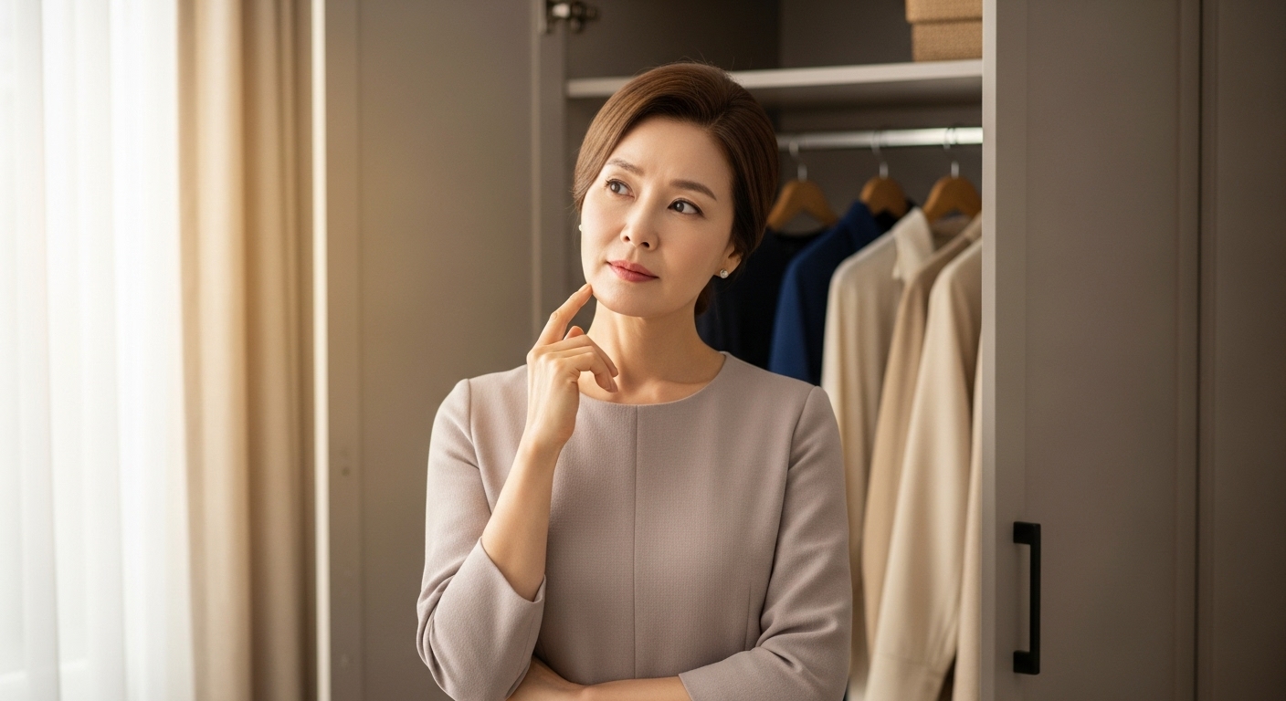 옷장 앞에서 무엇을 입을까 고민하고 있는 여성