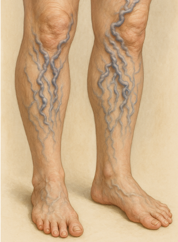 하지정맥류로 인하여 다리에 작은 혈관들이 거미줄처럼 퍼져 보이는 모습