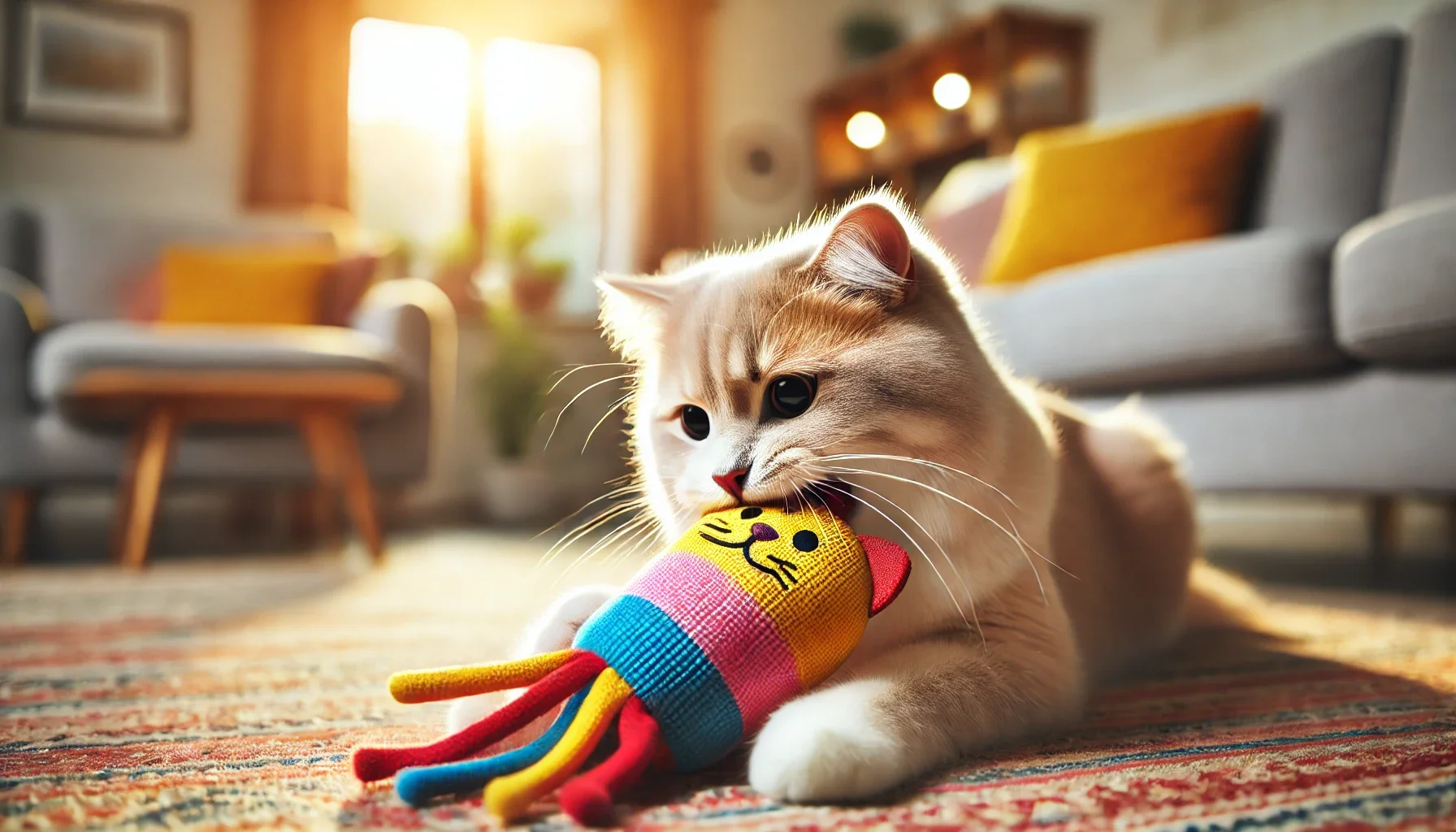 장난감을 물고 있는 고양이