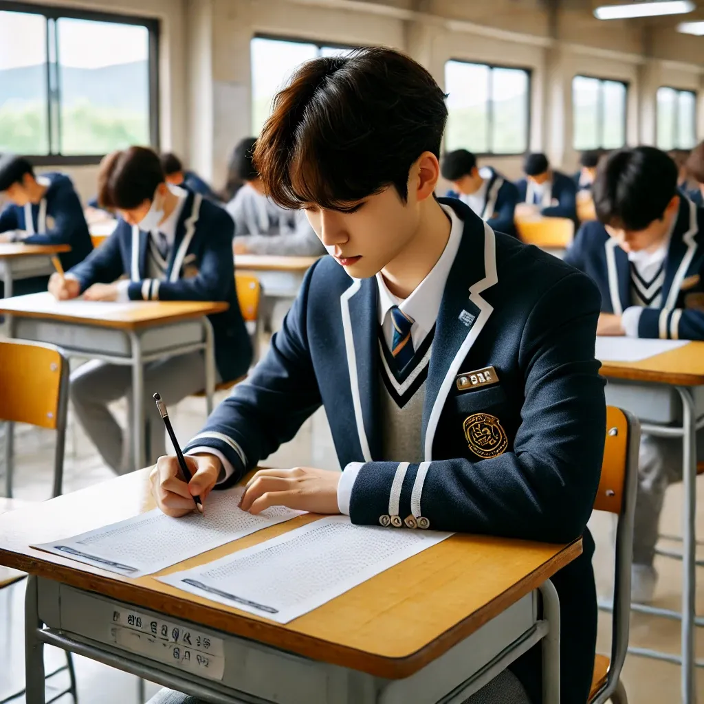 수능 시험을 치르는 고등학생이 집중하여 시험지를 작성하는 모습
