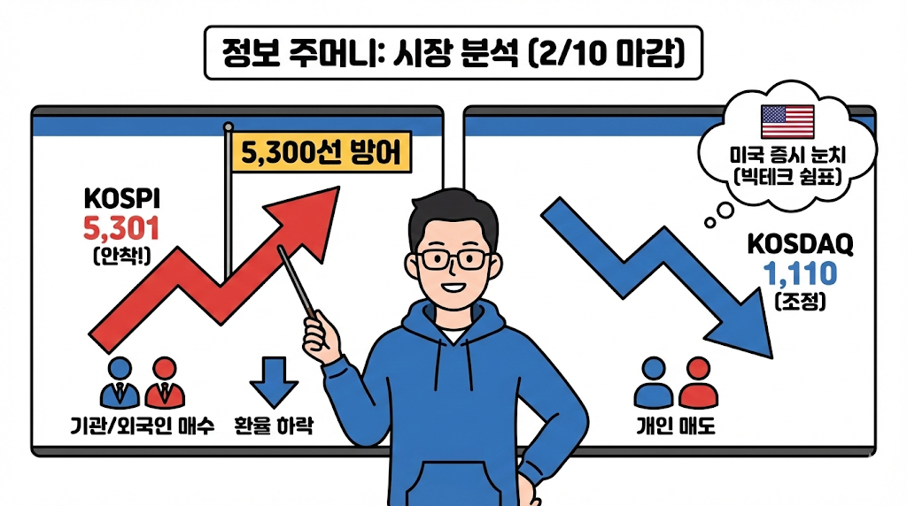 [마감] 코스피 5,300선 방어 성공! 미 증시 눈치 보기 속 코스닥만 하락한 이유는?