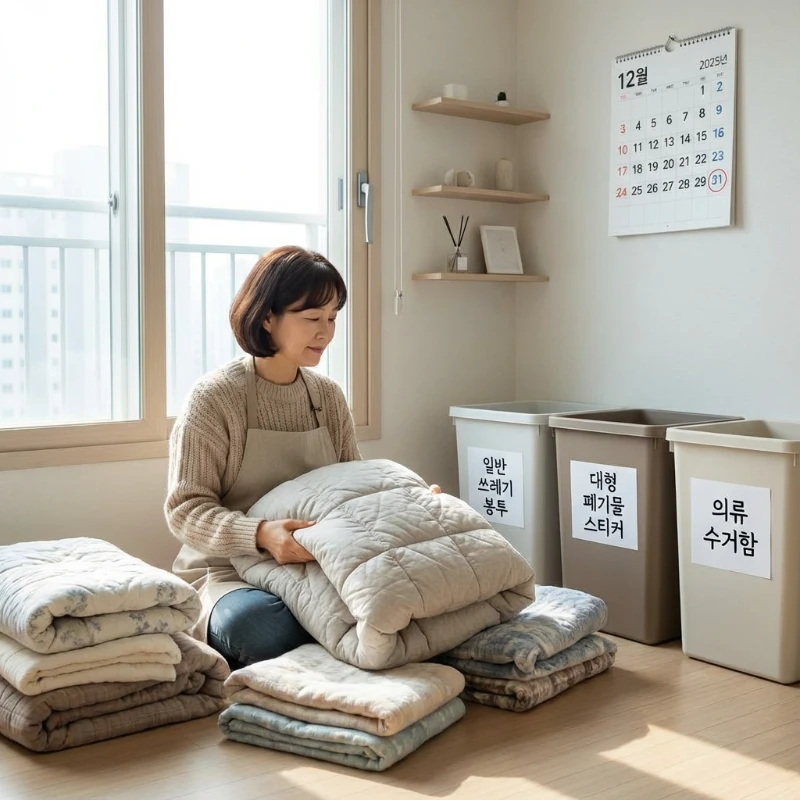2025년 최신 이불 종류별 버리는 방법을 고민하는 여성의 모습. 종량제 봉투, 대형 폐기물 스티커, 의류수거함이 명확하게 보인다.