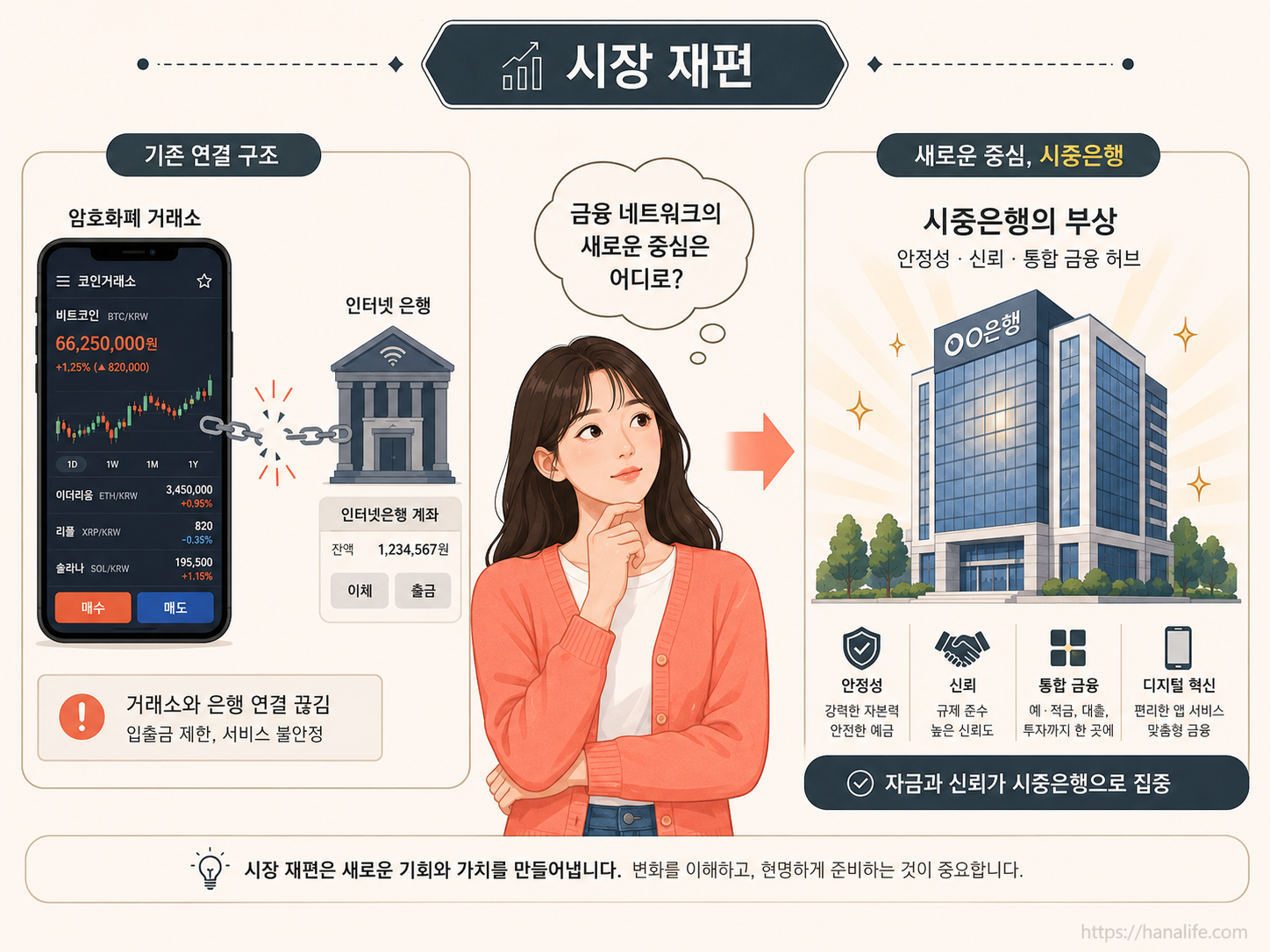 가상자산 거래소와 대형 시중은행 간의 실명계좌 제휴 변화 구도를 설명하는 인포그래픽