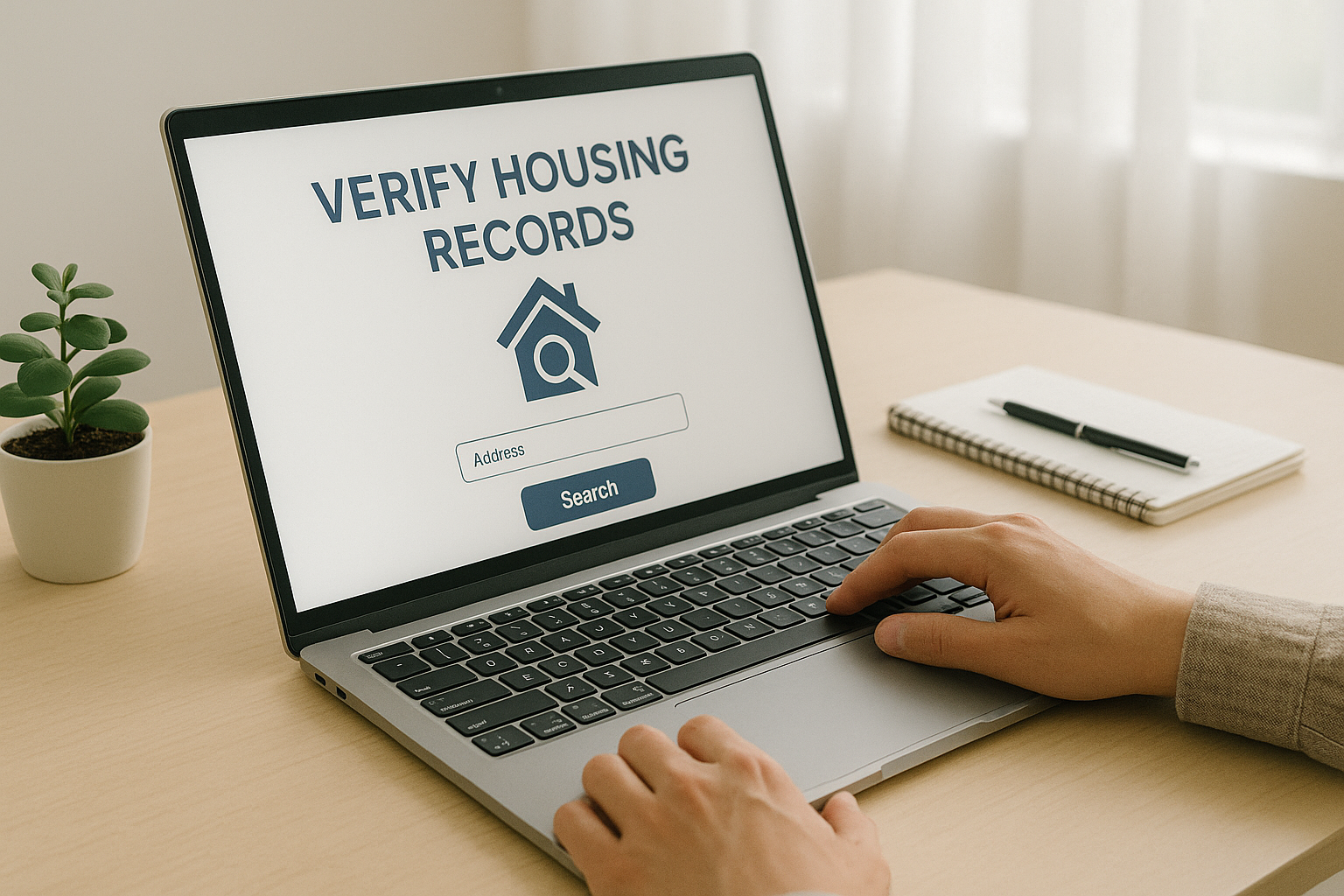 Person using a laptop to verify housing records online, tidy workspace, natural daylight,