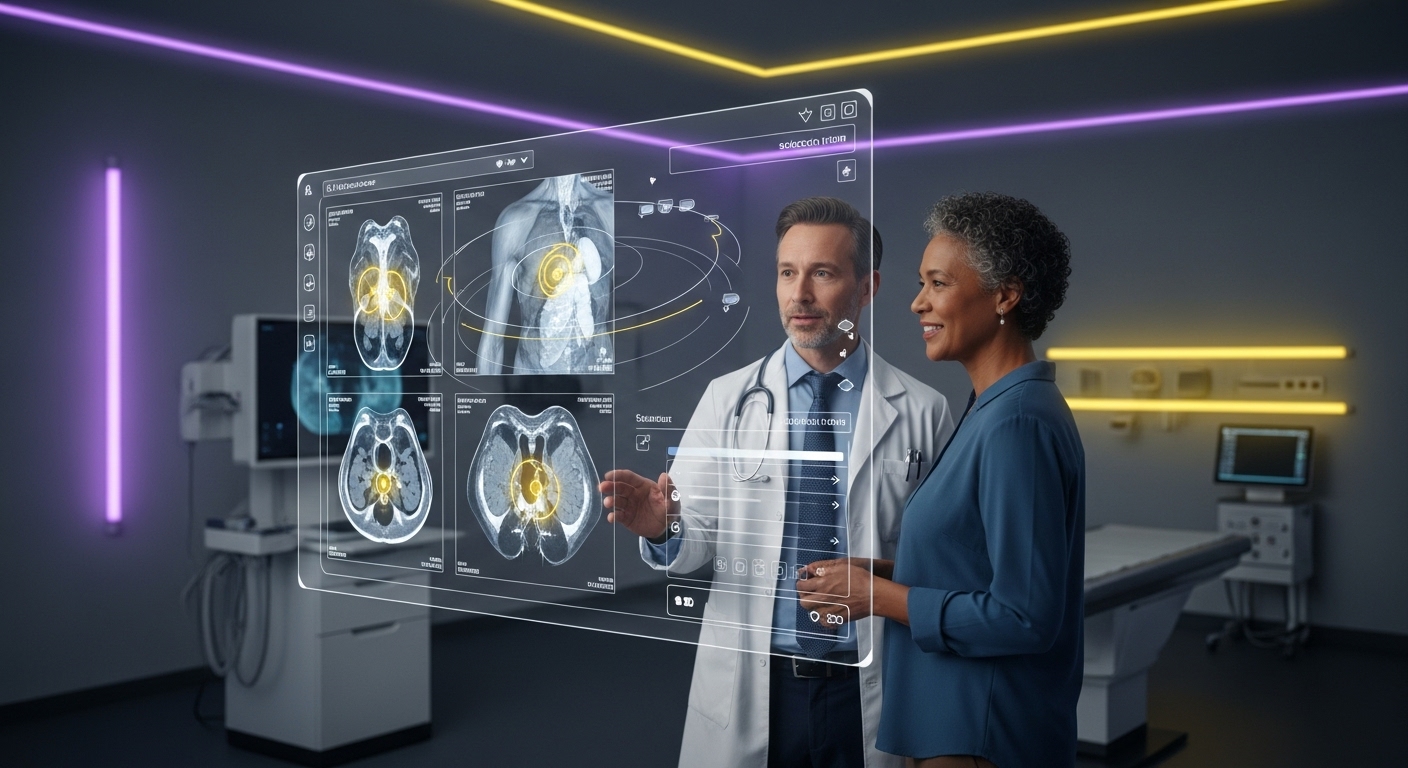 투명 스크린에 AI 기반 정밀 진단 결과를 보여주는 의료 인터페이스. 의사와 환자가 함께 보며 개인 맞춤형 치료 가능성을 탐색합니다.