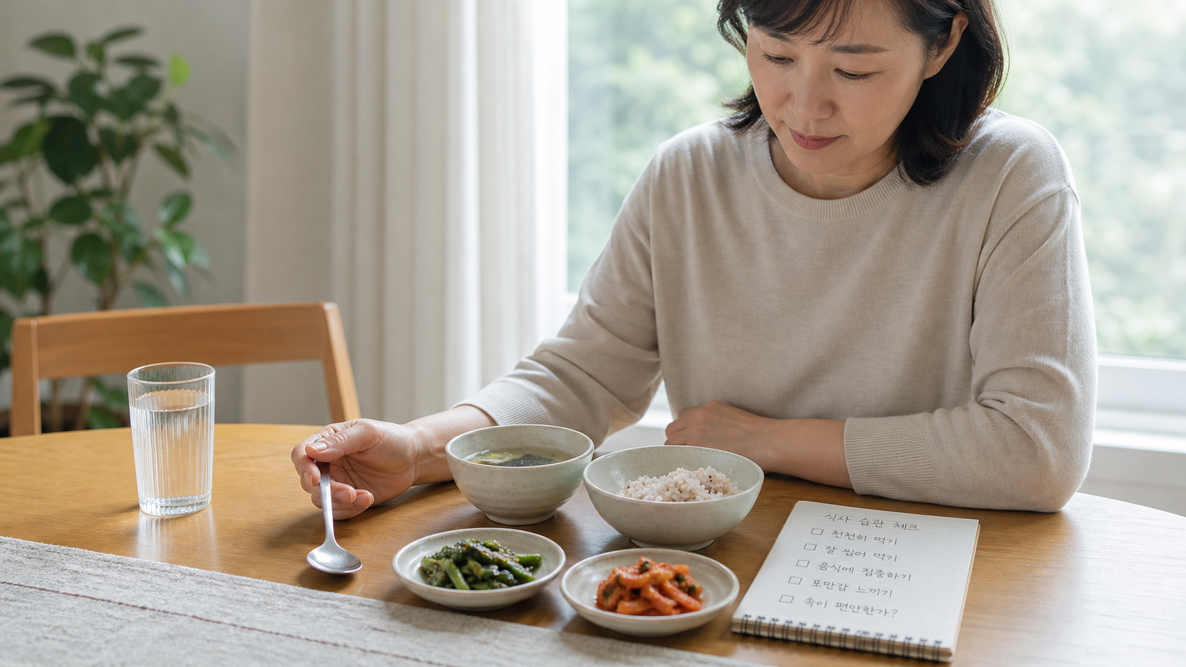 복부팽만 식사 습관을 설명하는, 식탁에 앉아 숟가락을 내려놓은 중년 여성
