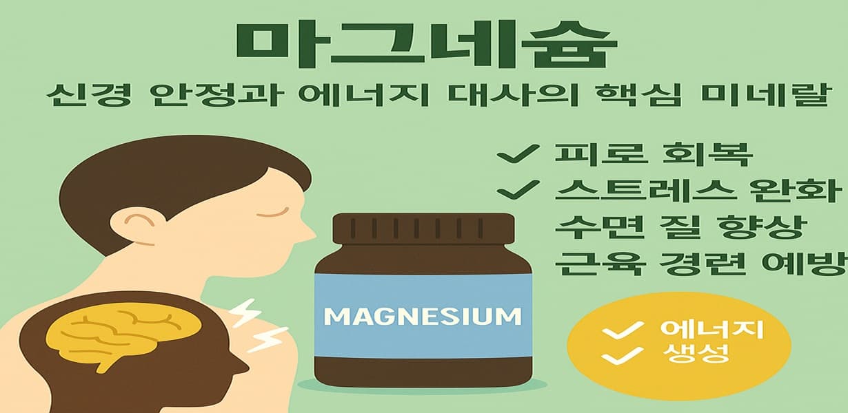 “뇌를 강조한 인체 그림과 함께 마그네슘 보충제 병, 피로 회복·스트레스 완화 등 기능이 정리된 인포그래픽”