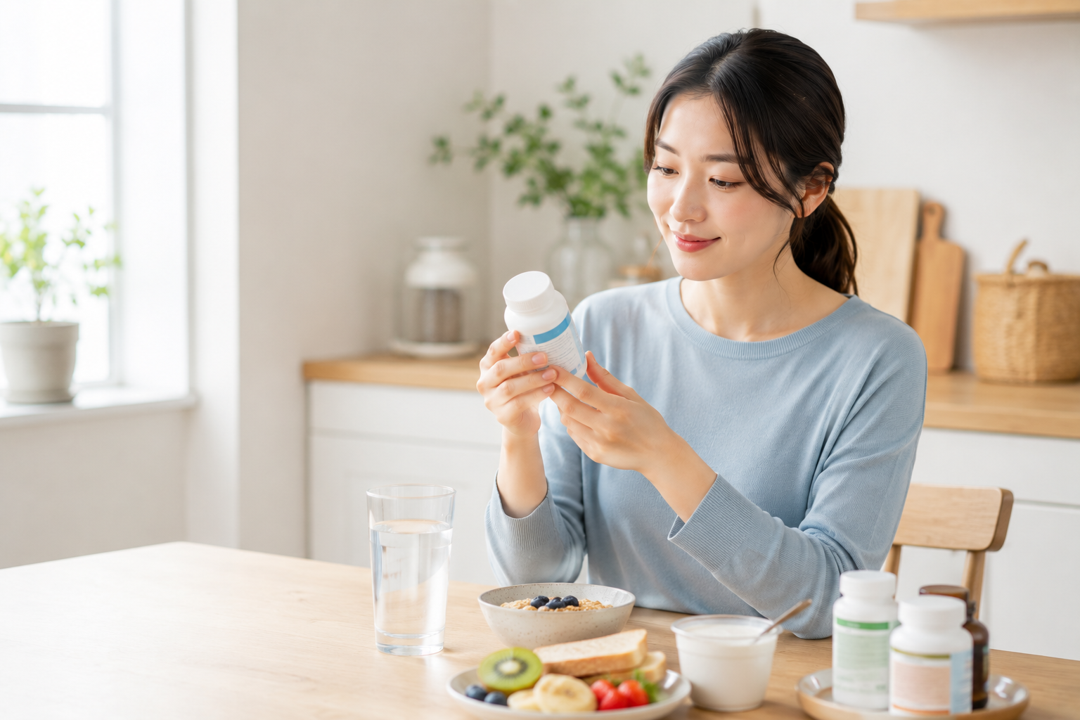 아침 식사와 물컵 옆에서 유산균 제품의 복용 방법을 확인하는 여성