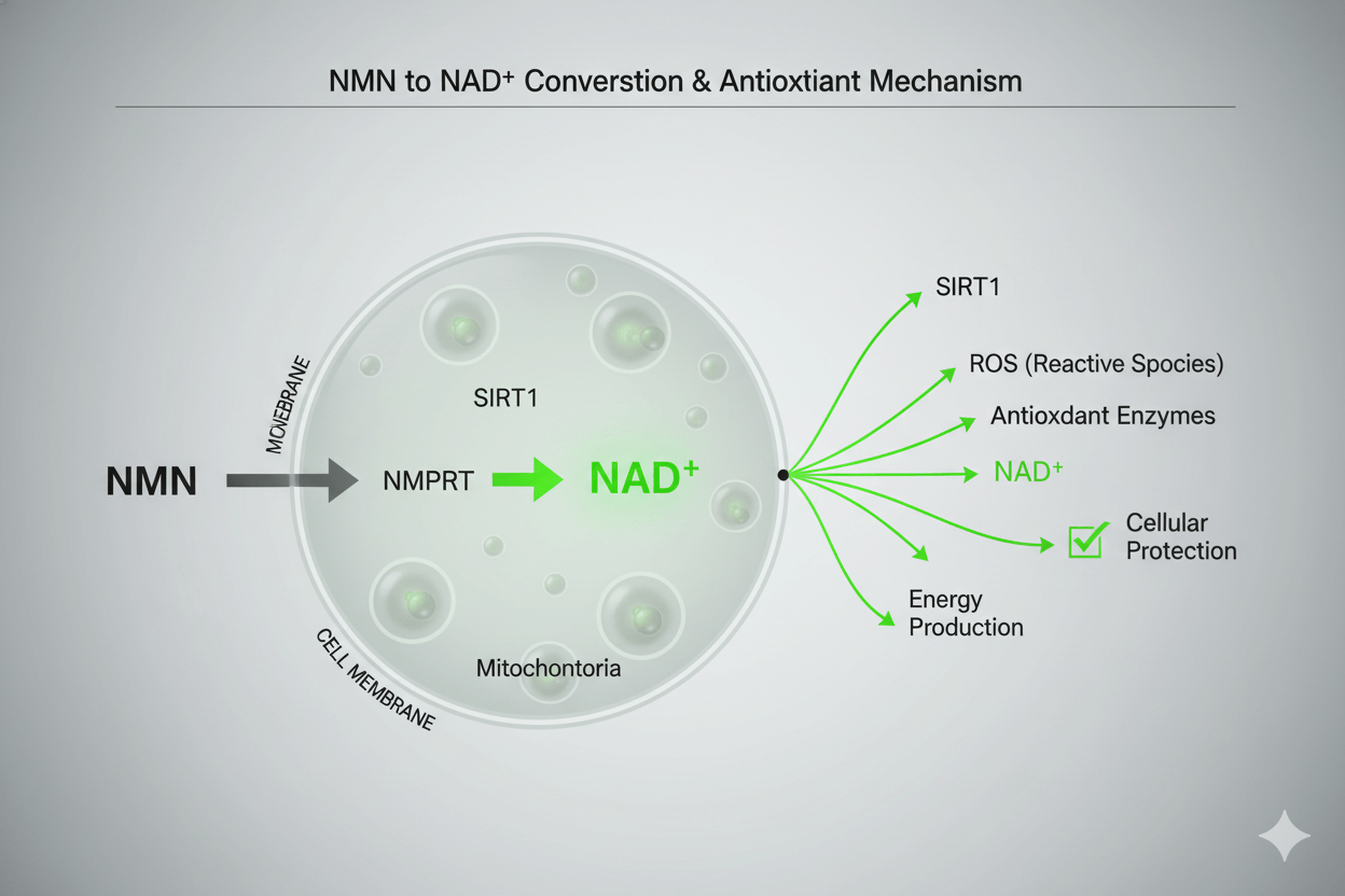 NMN이 NMPRT 경로를 통해 NAD+로 전환되고 SIRT1 활성·항산화 효소·에너지 생성 등을 통해 세포 보호에 도움을 주는 과정을 설명한 인포그래픽