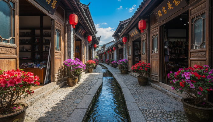 맑은 물이 흐르는 수로와 꽃들이 가득한 리장 고성의 평화로운 골목길