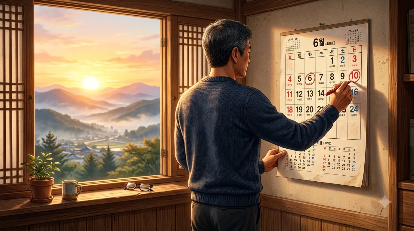 해 뜨는 아침 창가에서 달력에 10월 14일과 29일을 동그라미 치는 50대 가장의 뒷모습
