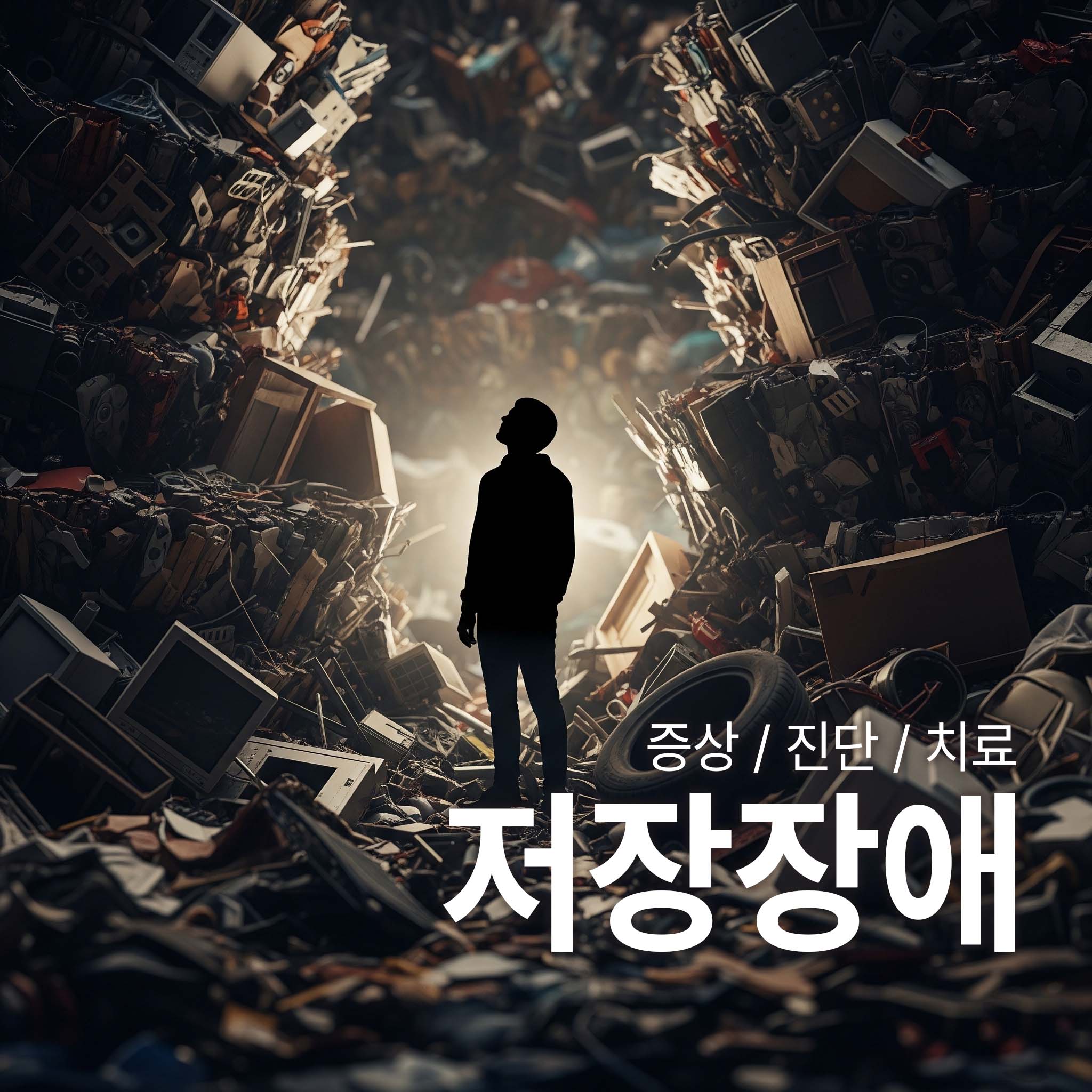 버리지 못해서 산처럼 쌓여있는 쓰레기 더미 사이에 저장장애를 가진 사람이 위태롭게 서있다