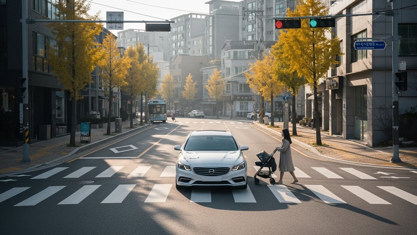 보행자의 안전을 위해 횡단보도 앞에서 바퀴를 완전히 멈추고 기다리는 하얀색 승용차