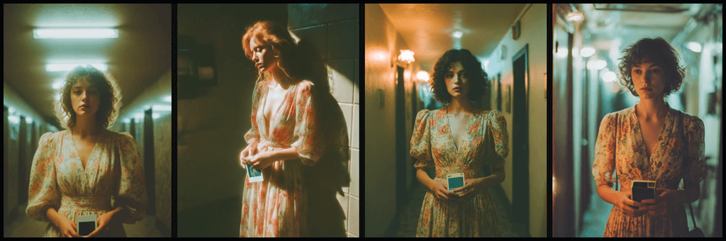 레트로 플로럴 드레스와 폴라로이드를 활용한 감성적인 영화 장면 스타일