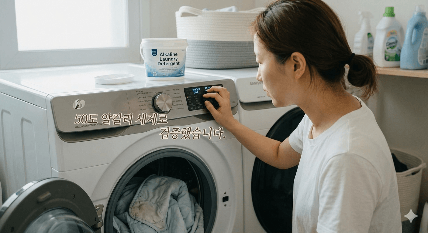 세탁기에 이불 세탁을 하고 있는 이모