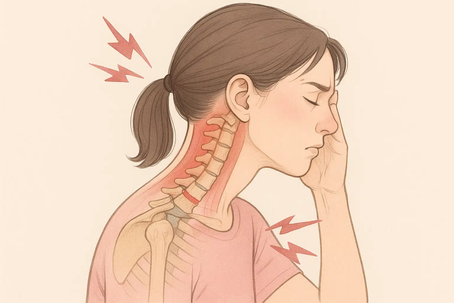 거북목으로 인해 경추 주변 근육과 디스크에 압력이 가해지는 모습, 뒷머리 두통과 어깨 통증