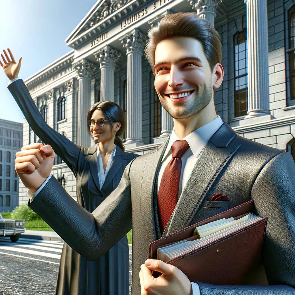 법원 밖에서 승소를 축하하며 고객과 악수하는 변호사