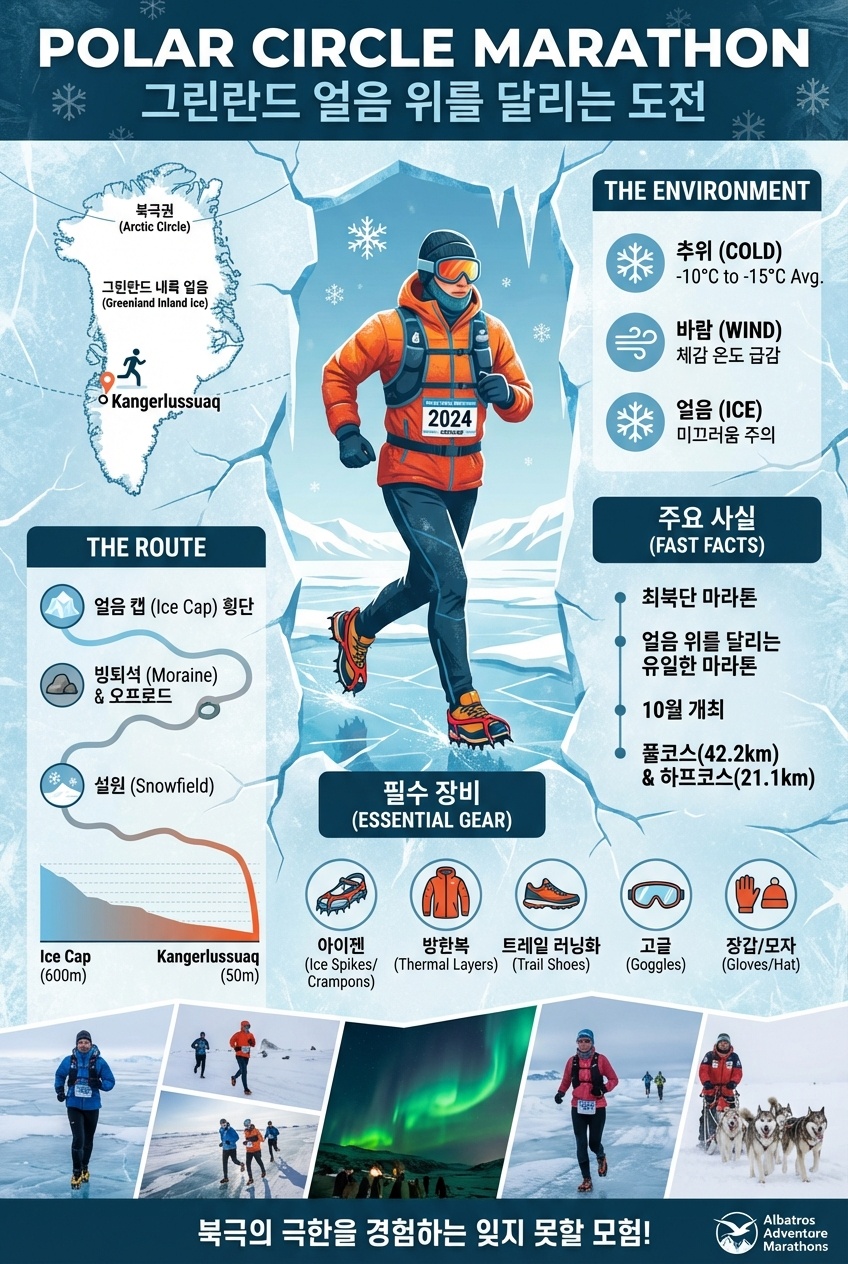 그린란드 폴라 서클 마라톤 코스 및 요약 인포그래픽