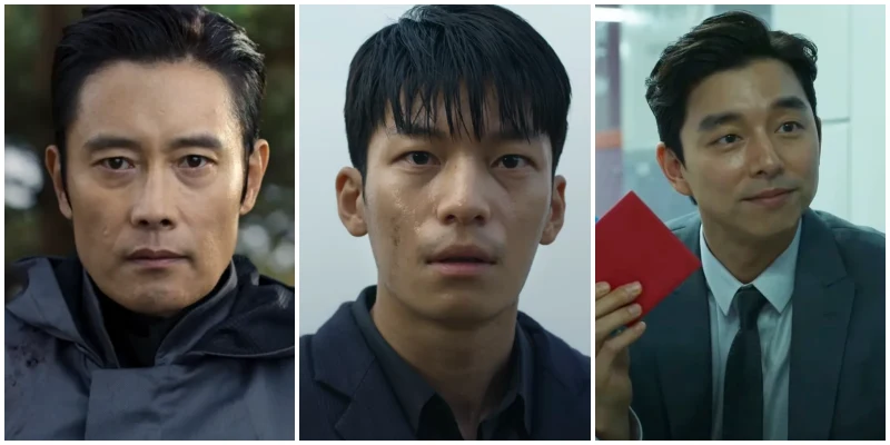 오징어 게임 시즌 1에서 프론트맨 이병헌과 황준호역의 위하준, 딱지맨 양복남 공유의 단독 사진들