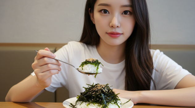 통깨 뿌려 완성된 김자반을 밥과 함께 먹고 있는 이미지