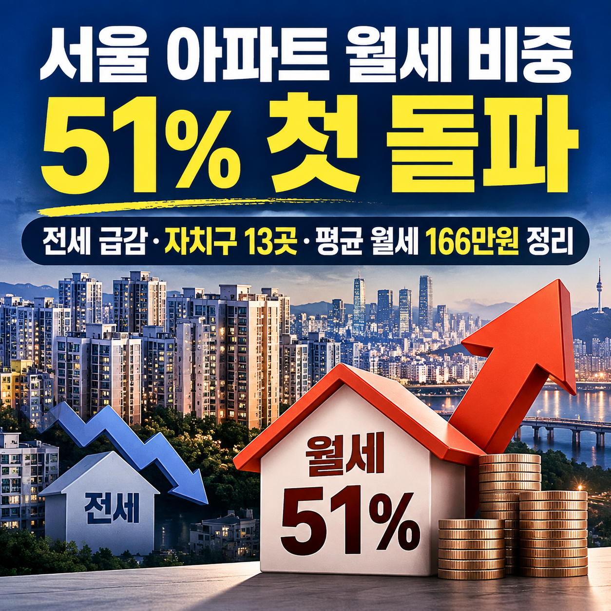 서울 아파트 월세 비중 51% 첫 돌파, 전세 감소와 서울 13개 자치구 월세 증가, 평균 월세 166만원을 보여주는 부동산 인포그래픽.