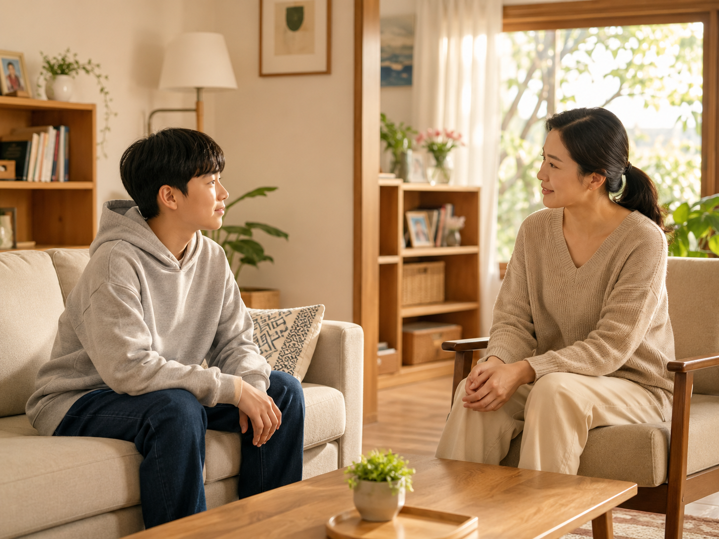 사춘기 자녀와 보호자가 편안하게 대화하는 장면