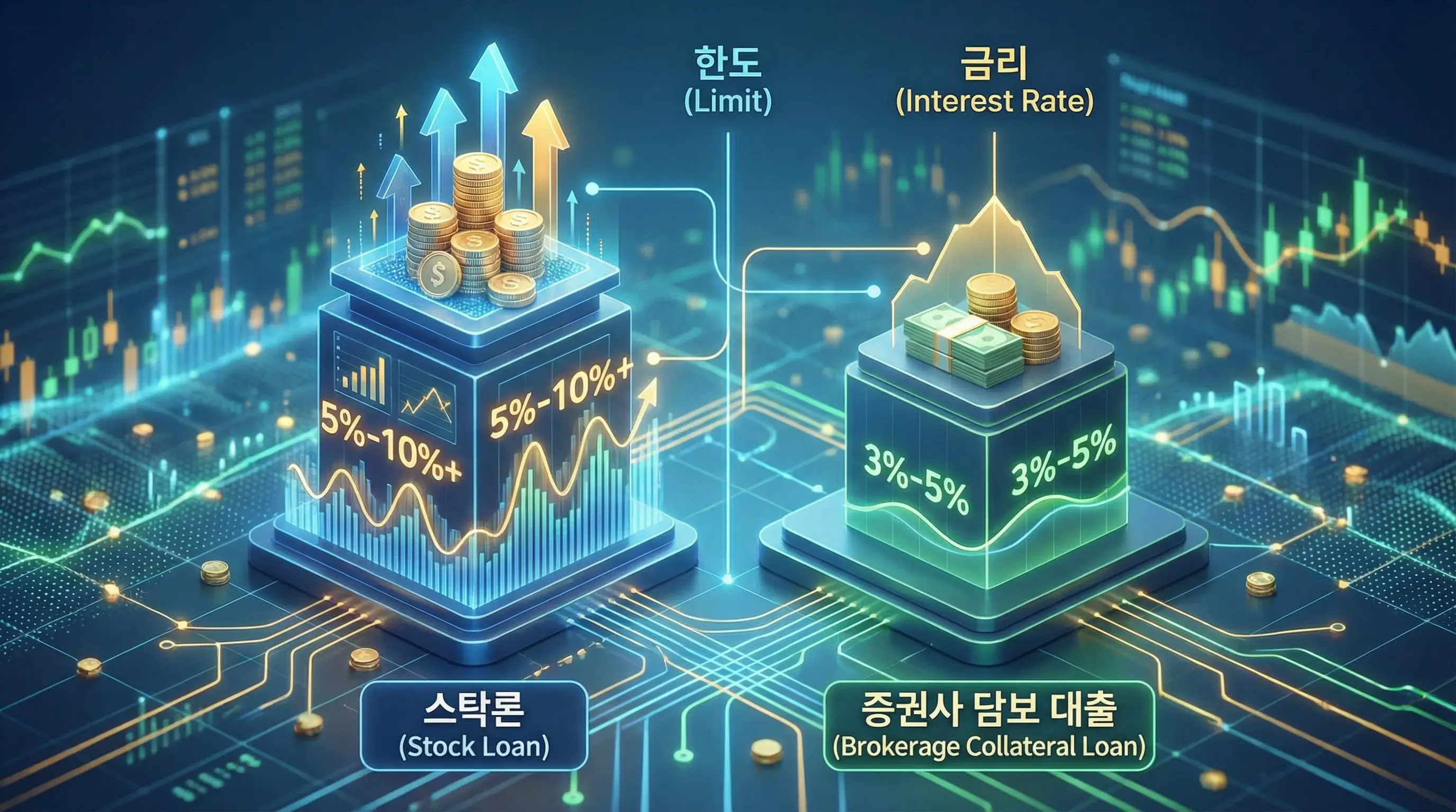 스탁론과 증권사 담보 대출의 한도와 금리를 비교하는 3D 인포그래픽