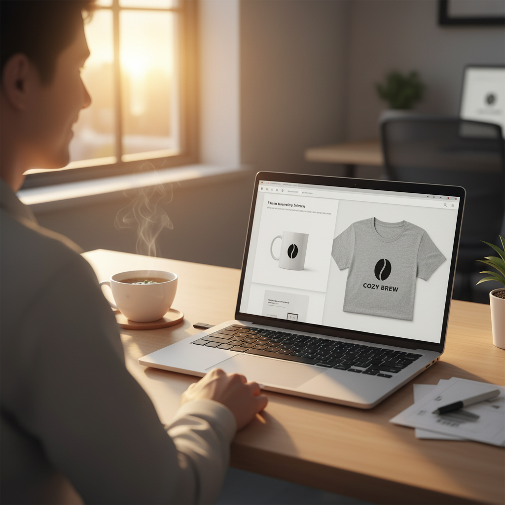 노을 지는 창가에서 노트북으로 완성된 브랜드 굿즈(머그컵, 티셔츠) 디자인 시안을 만족스럽게 바라보는 모습