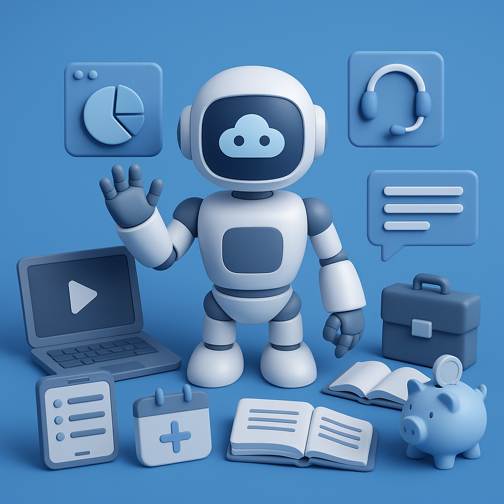 귀여운 로봇이 손을 흔들고 주변에 컴퓨터 헤드셋 등의 아이콘이 있음