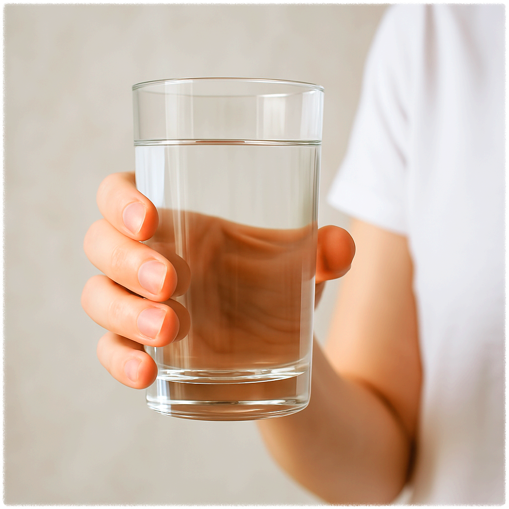 생수를 마시기 위해 컵에 물이 담겨 있는 모습의 이미지