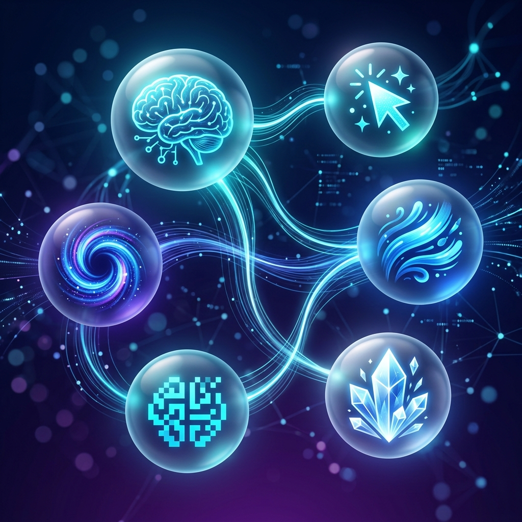 AI 이미지 생성 사이트 기능을 표현한 AI 기술 네트워크 다이어그램