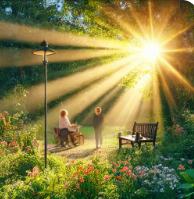 햇볕을 쬐는 사람과 비타민 D가 풍부한 음식