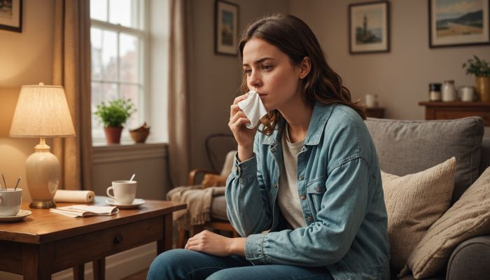 젊은 여성이 감기에 걸려 기침을 하고 있다.