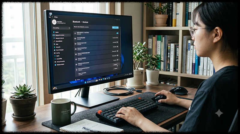 Windows 11 블루투스 설정에서 키보드와 마우스를 다시 연결하는 모습
