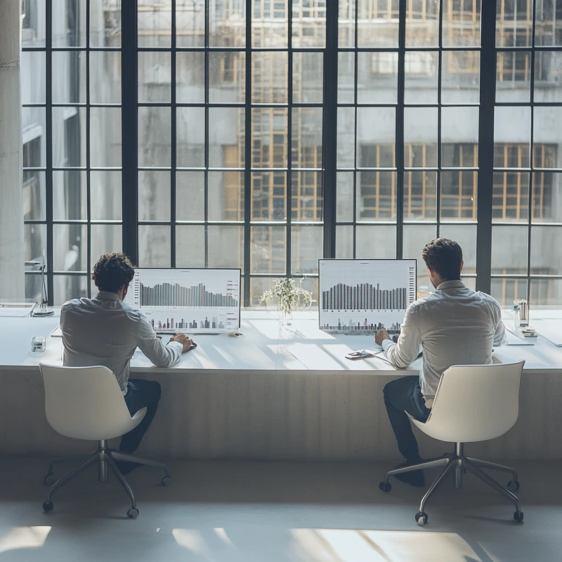 주식 시장 그래프를 분석하는 투자자들이 ETF 전략을 연구하고 있다. 그들의 집중적인 모습이 자연채광이 들어오는 현대적인 사무실 공간에서 잘 묘사되어 있다. 투자 전략, ETF 분석, 주식 시장 트렌드라는 핵심 키워드가 조화를 이루고 있다.