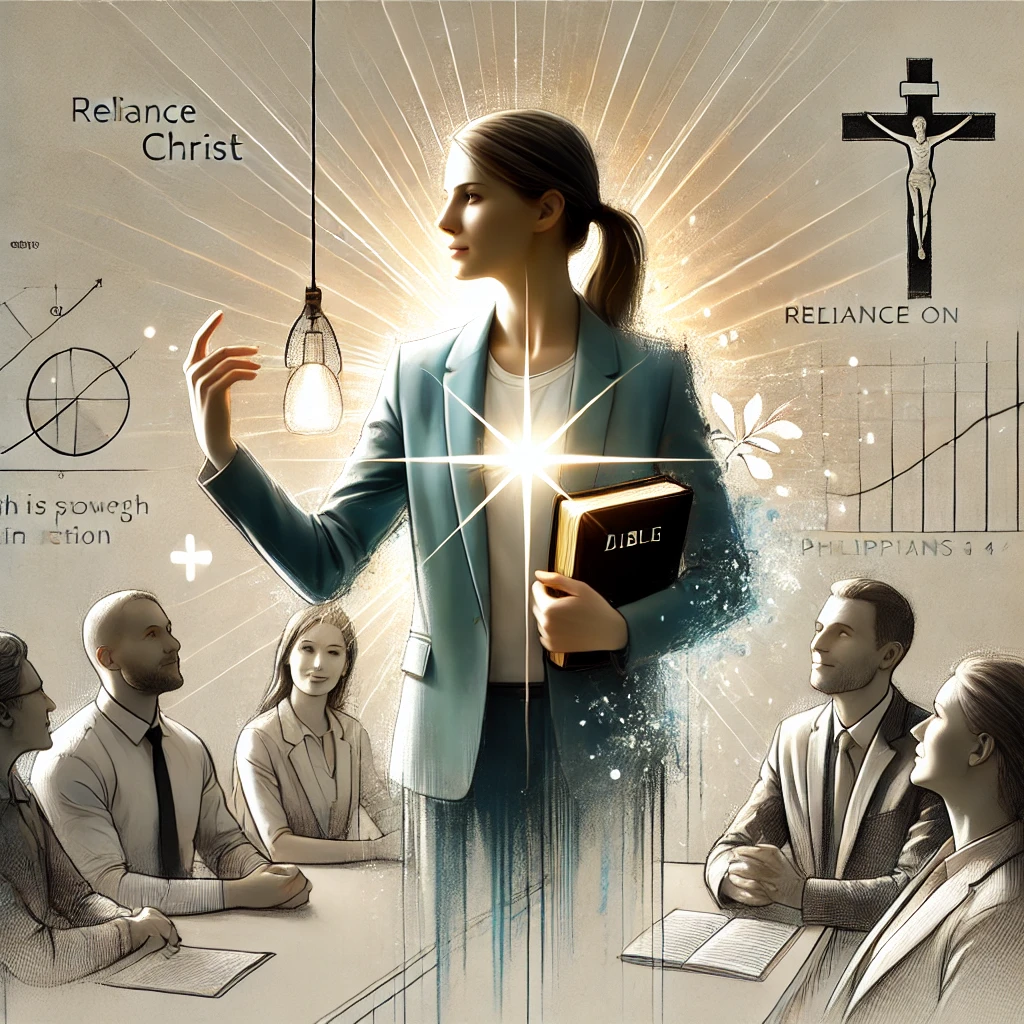 Here is an image showing a person confidently speaking in a workplace, symbolizing reliance on Christ&rsquo;s strength, inspired by Philippians 4:13. Their calm, determined posture and the subtle light around them represent the power of Christ enabling their words and actions. This image captures the essence of living and speaking with Christ&rsquo;s power in daily life, even in the workplace.