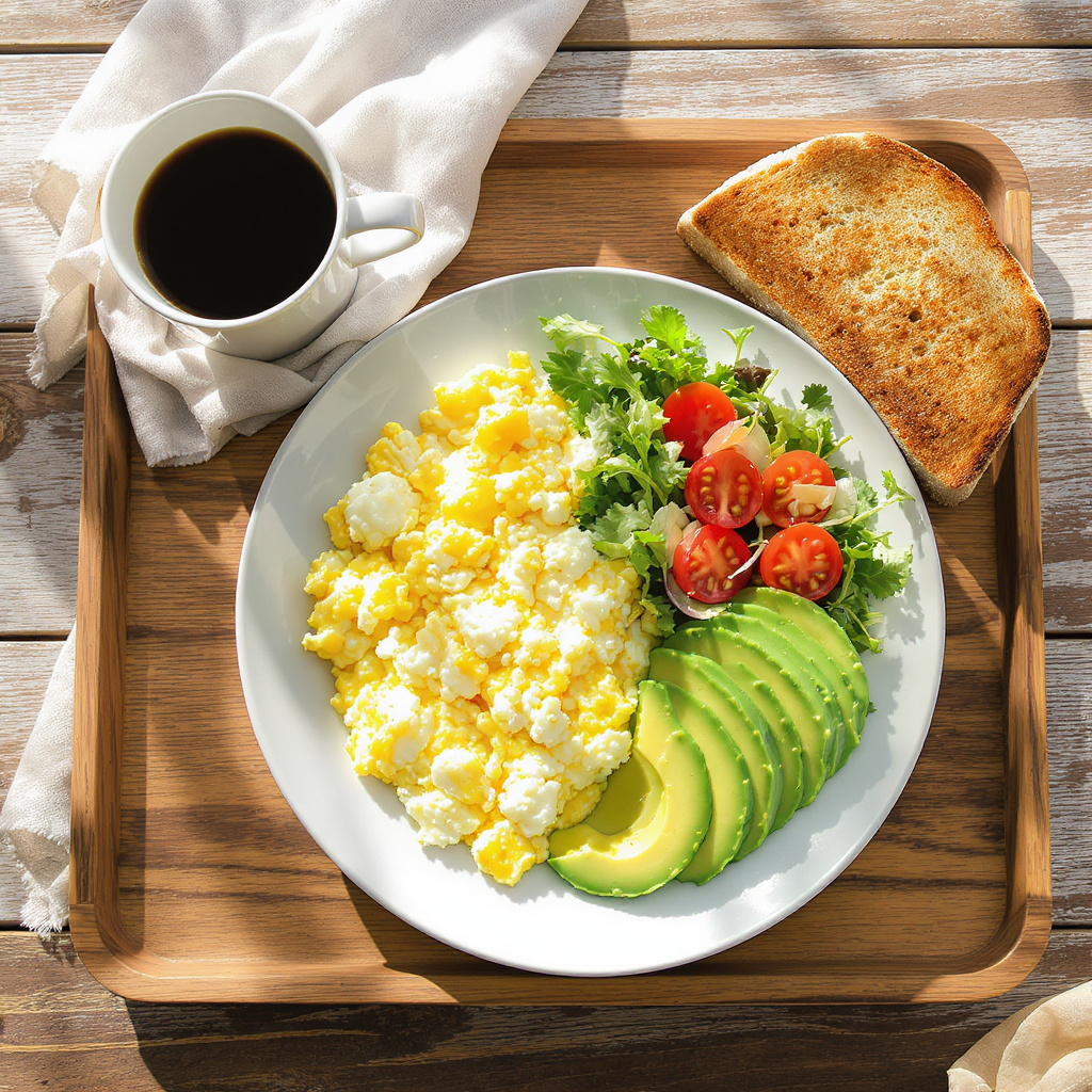 건강하고 먹음직스러운 저탄수화물 아침 식사 한 상 차림. 스크램블 에그, 아보카도, 샐러드, 통밀빵 한 조각이 나무 쟁반에 담겨있다.