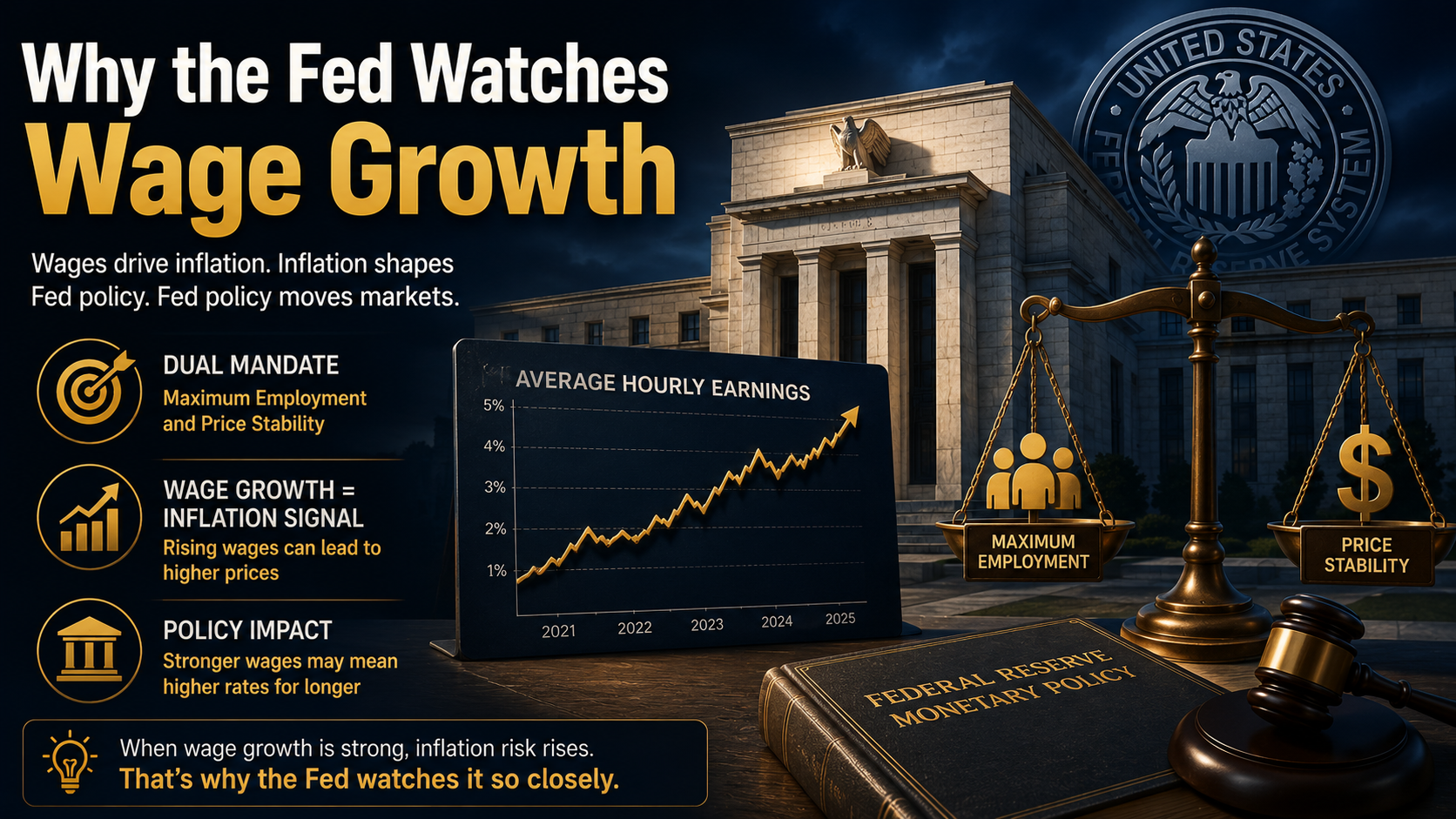 Federal Reserve monitoring wage growth as a leading indicator for inflation, monetary policy, and future interest rate decisions.