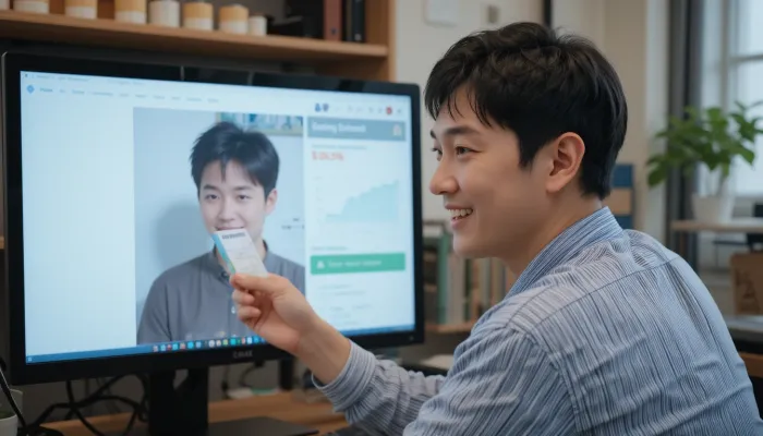 고속도로 통행료 조회 후 결재를 완료하고 웃고 있는 남성