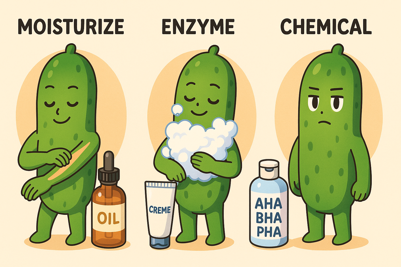 오이 캐릭터가 오일 바르기, 효소 세안, AHA·BHA·PHA 화학적 각질 제거를 시연하는 애니 스타일 일러스트